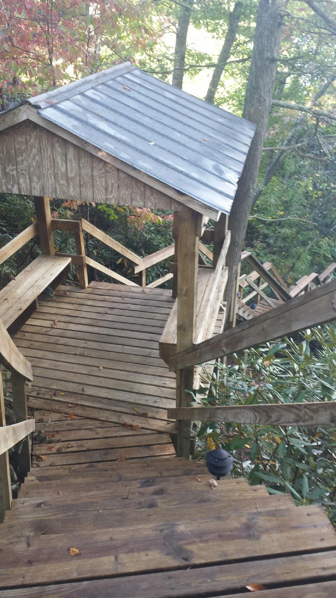 Metal roofed shelter over wooden steps on a wooded walkway — Skylight Repair & Installation work by our crew in Martins Ferry